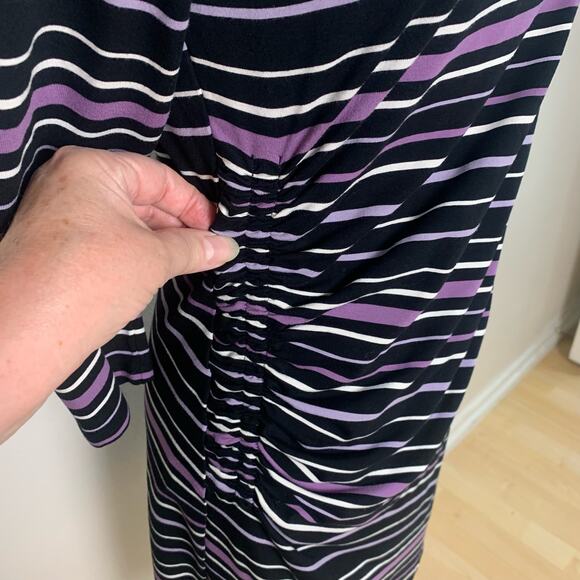 White House Black Market Sz S Ruched Sheath Dress Purple Black Striped Stretch - Picture 6 of 11
